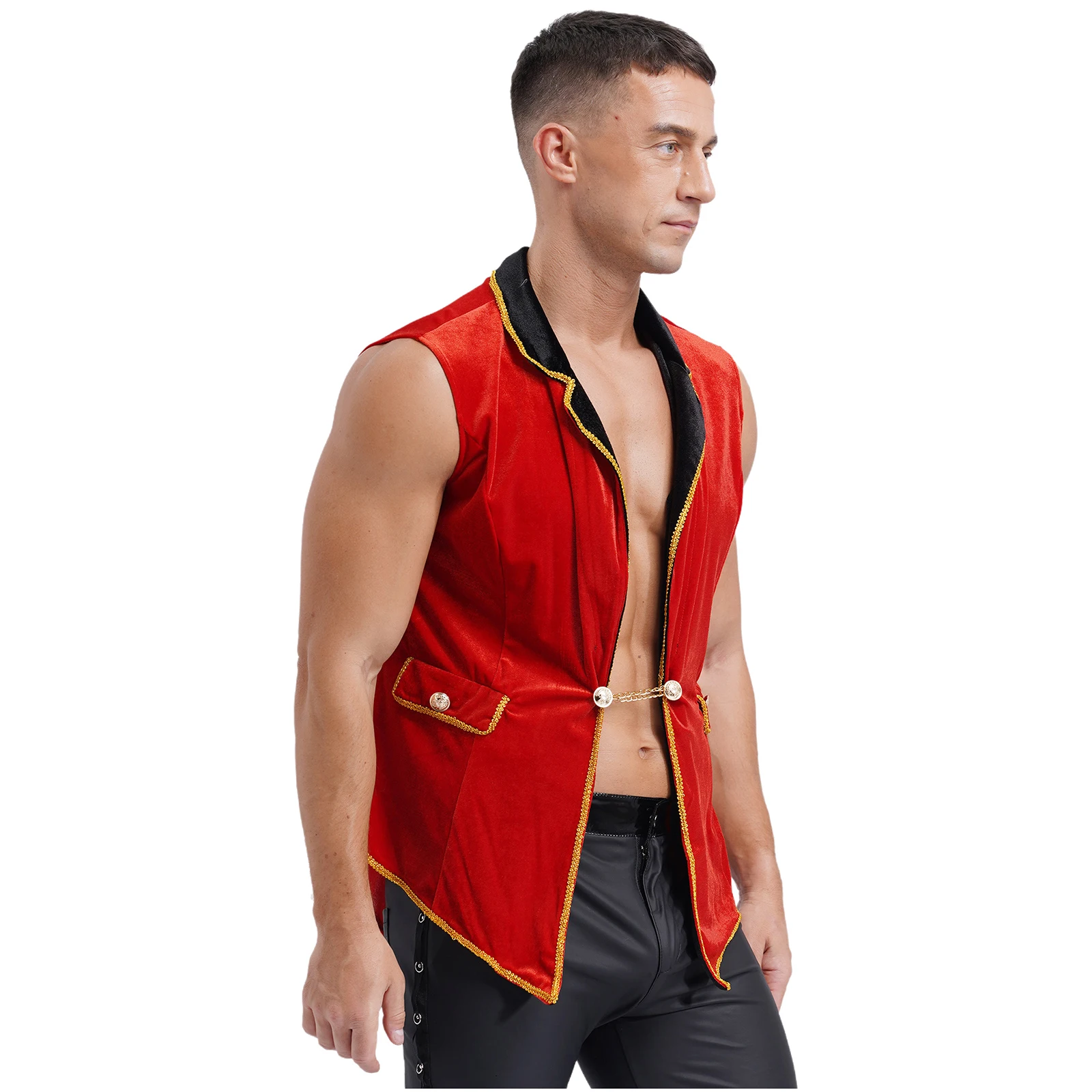 Mens Showman Wizard Cosplay Costume Halloween Circus Ringmaster Tailcoat Lapel Sleeveless Velvet Vintage Jacket Waistcoat