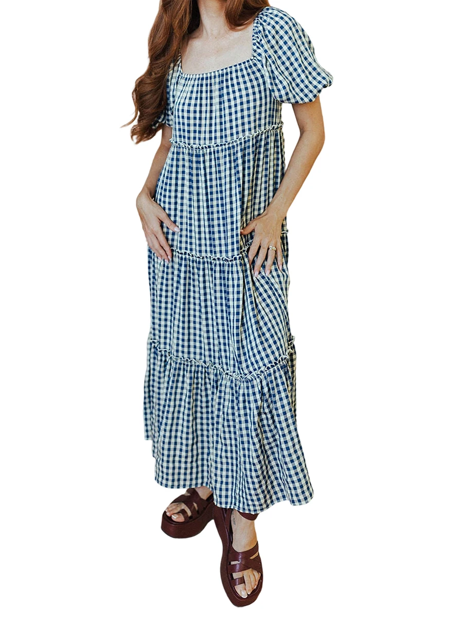 Abito da donna con stampa scozzese Boho Abito casual a trapezio con maniche corte a sbuffo e collo quadrato Abito lungo e fluido