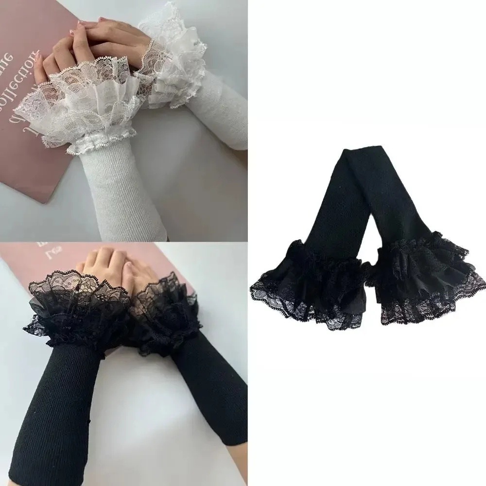 1 Paio di Maniche Lunghe alla Moda con Patchwork, Ricamo in Pizzo e Volant, Elastiche, Nere e Bianche, per Donna