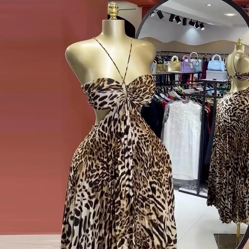 

SKMY Women's Clothing 2025 Spring New Sweet And Fresh Spaghetti Strap Hollow Out Lace-Up Pleated Big Swing Party Dresses