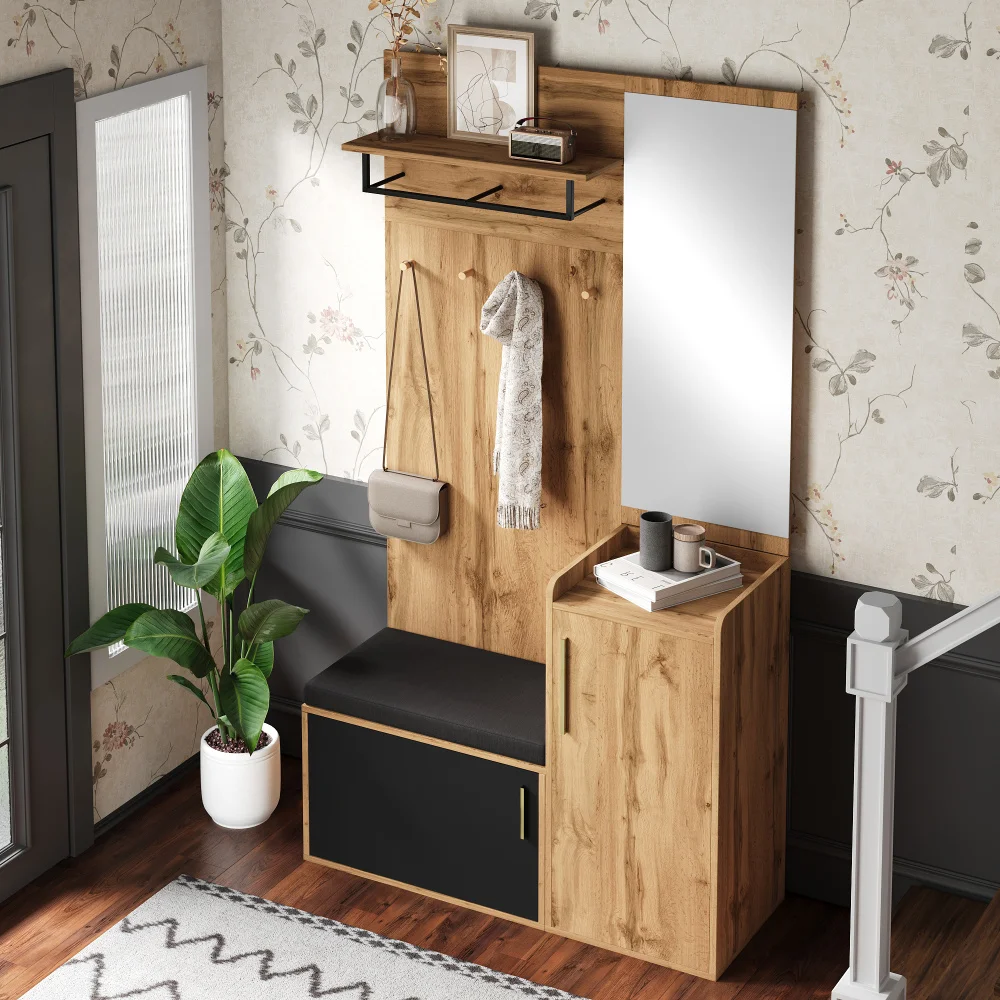 PINGGO Kompakter Kleiderschrank mit Spiegel und Sitzfläche, Kleiderschrank mit Schuhregal und Haken, kompakter Kleiderschrank, der an der Wand bohren muss – Detail 9