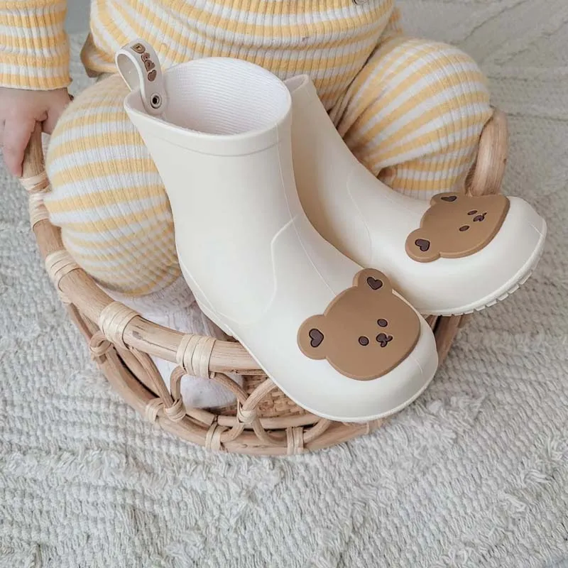 Botas de lluvia de goma para niños y niñas, botines impermeables con punta redonda, oso de algodón y conejo