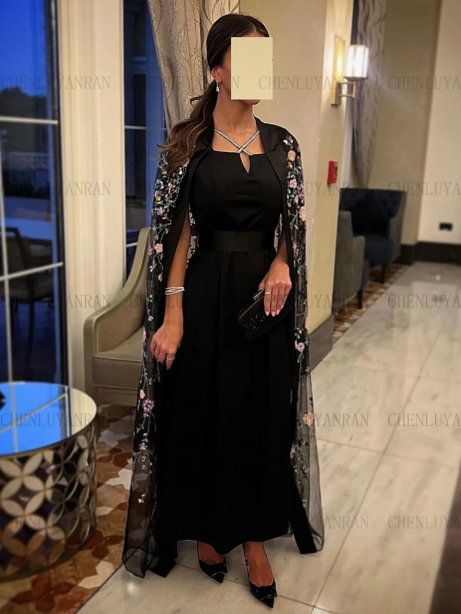 Schwarze Luxus formelle Anlass kleider 2023 Perlen applikation A-Linie Party kleid mit Umhang Kristall elegante Abendkleider فساتين حفلات