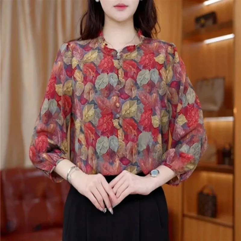 

Элегантные шифоновые блузки с рюшами на шее и пуговицами, женская одежда, новинка лета 2025 года, свободные универсальные топы, пригородные рубашки