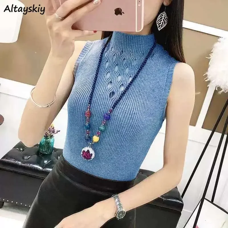 

Sweater Vests Women Mock Neck Hollow Out Sleeveless Knitted Simple All-match Slim Tops Female Streetwear Jumpers Daily Mujer New