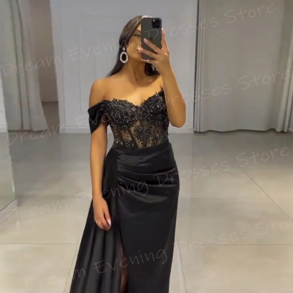 Robe de soirée sirène noire classique pour femmes, appliques de Rh, quel que soit le côté sexy, fente haute