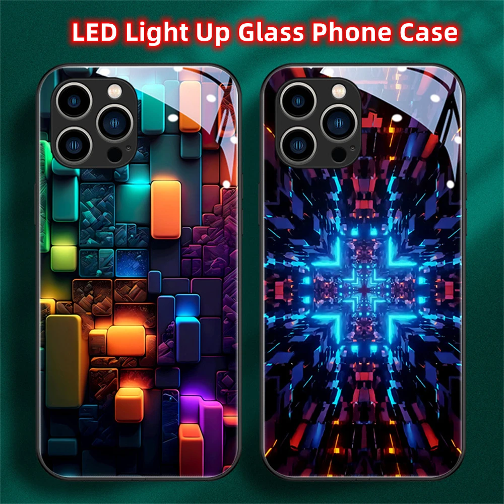 2024 Colorful Cube LED Light Glowing Luminous Tempered Glass Back Phone Case For Samsung S23 S22 S21 S20 FE Note 20 Plus Ultra