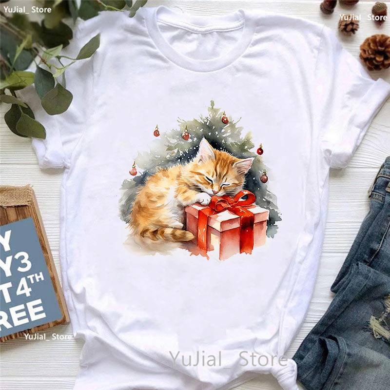 

2025 Hot Sale Cat Animal Printed T Shirt Girls Christmas Gifts Tshirt Women Fashion Short Sleeve T-Shirt Female Harajuku Shirt