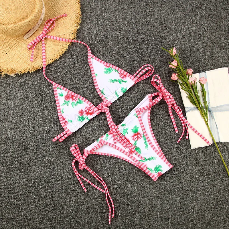 

Melphieer White and Pink Trim Bikini Set Women's Swimsuit Two-piece Triangle Push Up Swimwear Bathing Suit Brazilian Biquinis