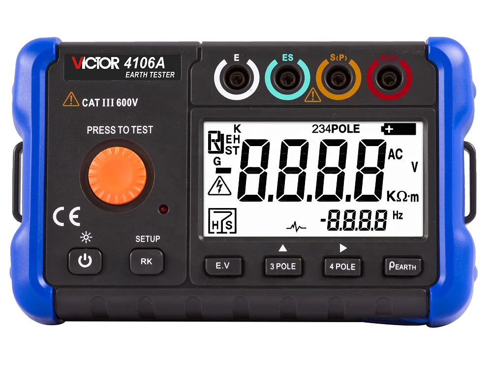 VICTOR 4106A Erdungswiderstandstester 3-polige 4-polige Methodenmessung AC True RMS Hintergrundbeleuchtung Bodenwiderstandsmessung