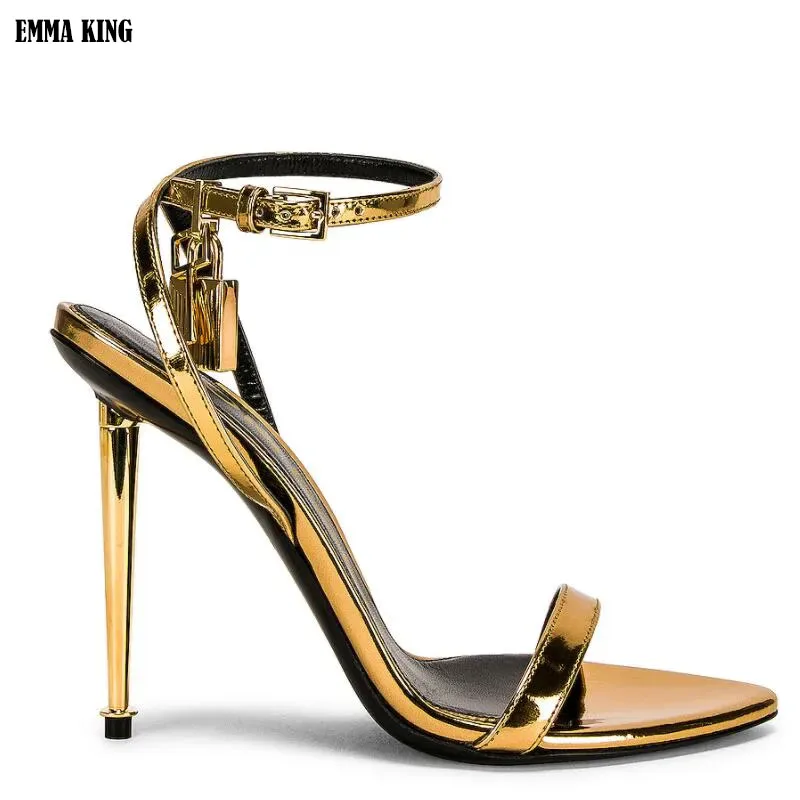 2024 Luxury Fashion Gold Lock Strappy High Heel Sandals Celebrity Shoes Simple Strap Evening Sandal Women Sandalias Femininas 44