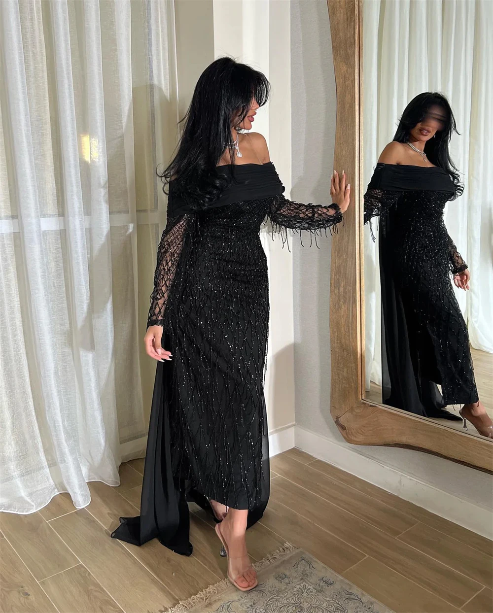 

Customized Temperament Boat Neck Mermaid Evening Dress Elegant Tassel Prom Dresses Sexy Long Sleeves Special Occasion Gowns