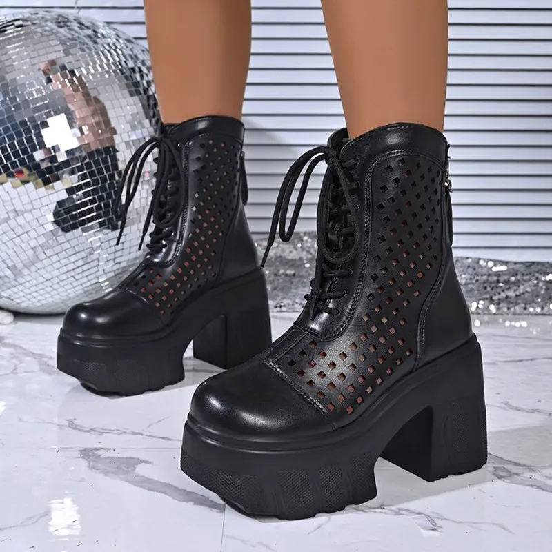 Botas de Verano Novedosas de Marca a la Moda, Casuales, con Diseño Calado, Transpirables, Cómodas, de Color Sólido, con Suela Gruesa, Cremallera Trasera y Tacón Medio, Modelo 2026