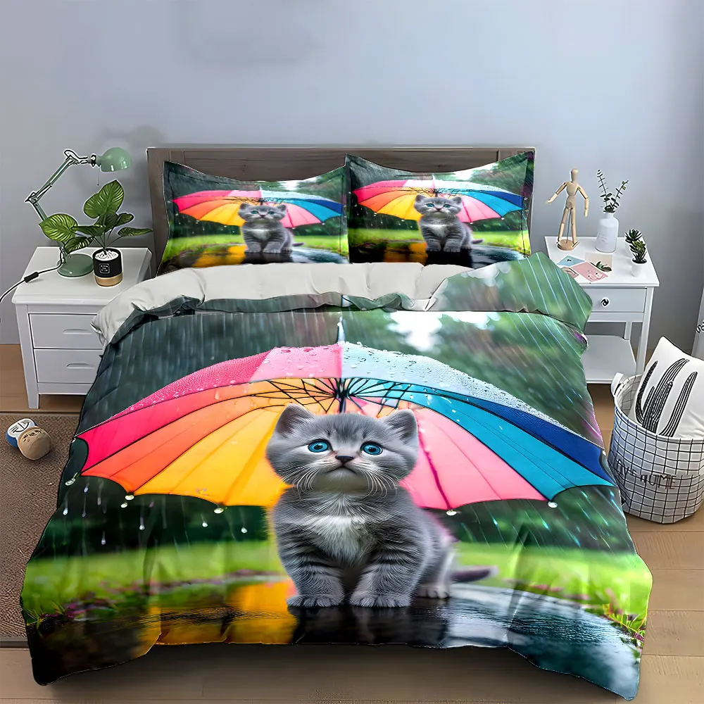 

Colorful Umbrella Cat Art Set Bedding Set with 1 Duvet Cover 2 Pillowcases Single Double King Queen, Gift