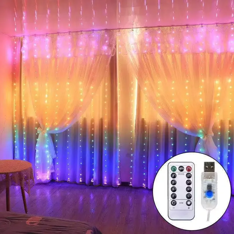 3M Rainbow LED Garland Curtain Lights Fairy String Remote Control USB Christmas Lamp Holiday Decoration For Home Bedroom Window