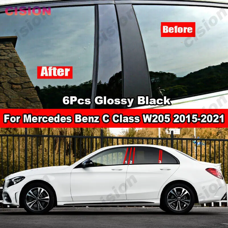 6x Window Door Column BC Pillar Post PC Cover Trim For Mercedes Benz C Class Sedan W205 Glossy Black Carbon Fiber Mirror Effect