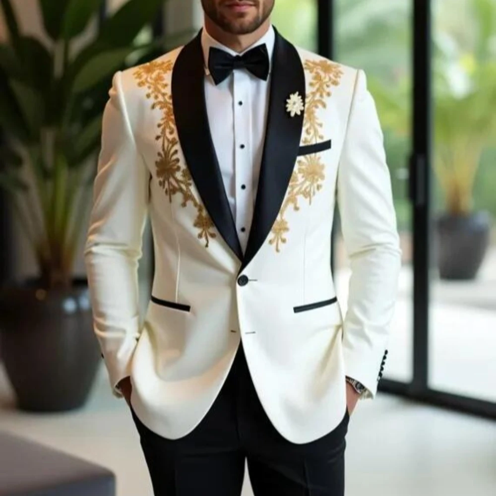 

Белый костюм с вышивкой, деловой мужской костюм, жених, жених, свадебная вечеринка, выпускной, мужской формальный смокинг, комплект из 2 предметов, пиджак, брюки