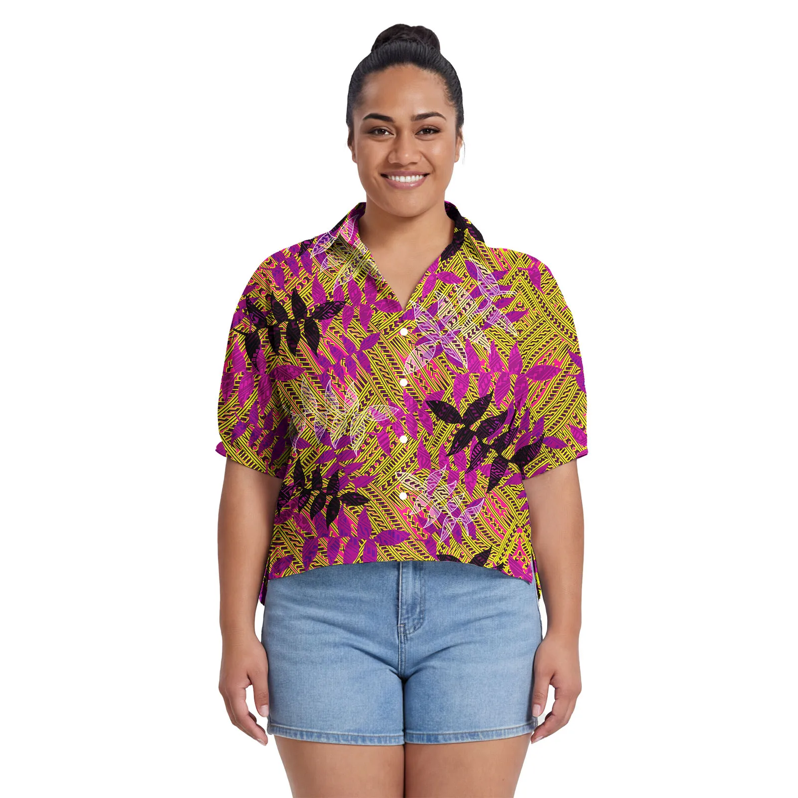 Trendy Luxury Design Custom Ladies Blouses Samoan Breathable Clothing Polynesian Floral Print Women Wear Chiffon Top Aloha Shirt view 3