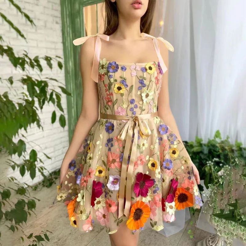 2025 verão sexy fora do ombro vestido sem alças floral bordado bodycon faixa arco vestido princesa fairycore noite mini vestido