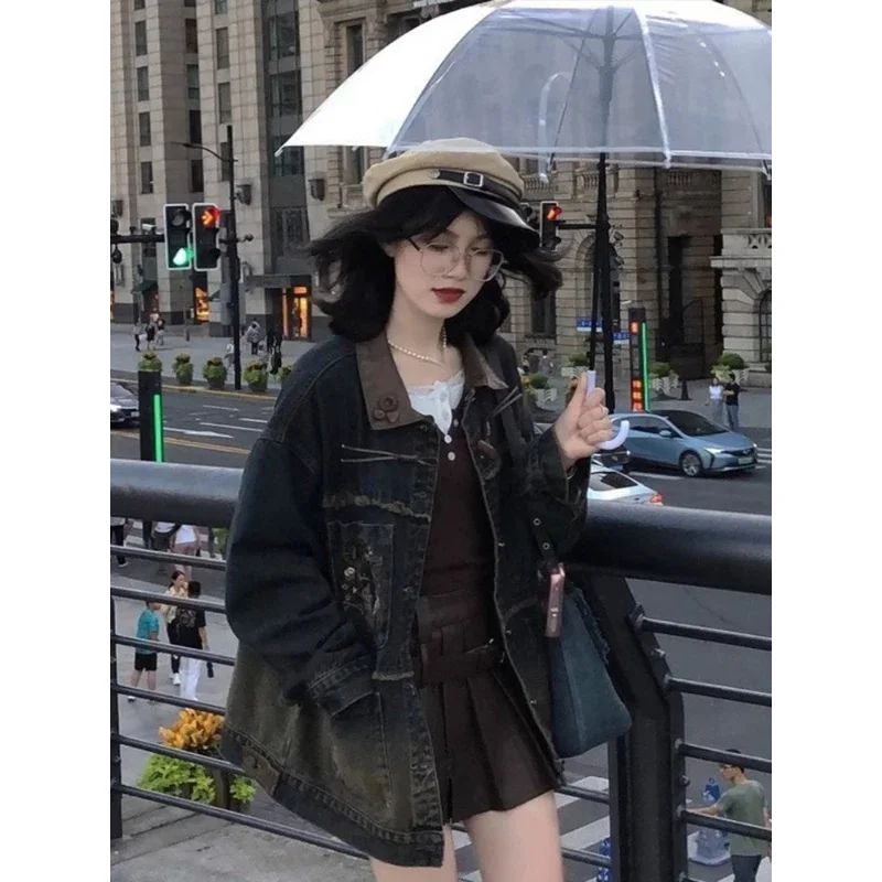 Jaket Jeans Bordir Kartun Musim Semi Mantel Rumbai Kasual Longgar Estetika Y2k Ritsleting Wanita Atasan Grunge Kancing Sebaris Harajuku