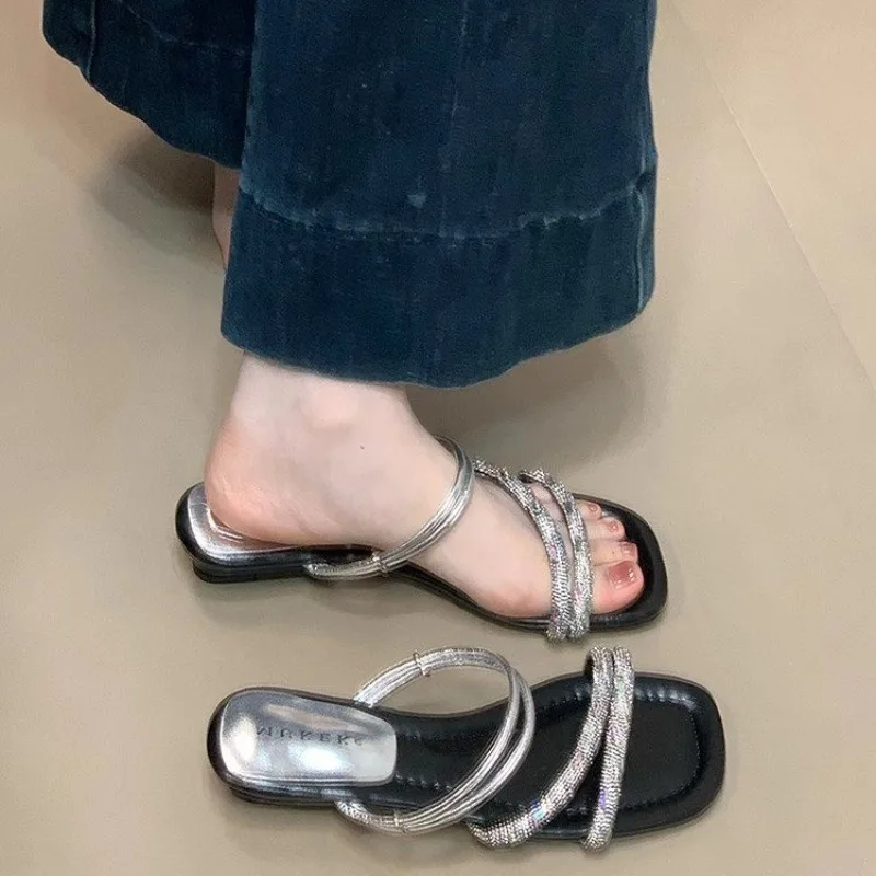 Understated Glamour Sandals: Thin Strap Design W/ Square Toe & Micro-Crystal Embellishments, Comfort Arch Support System