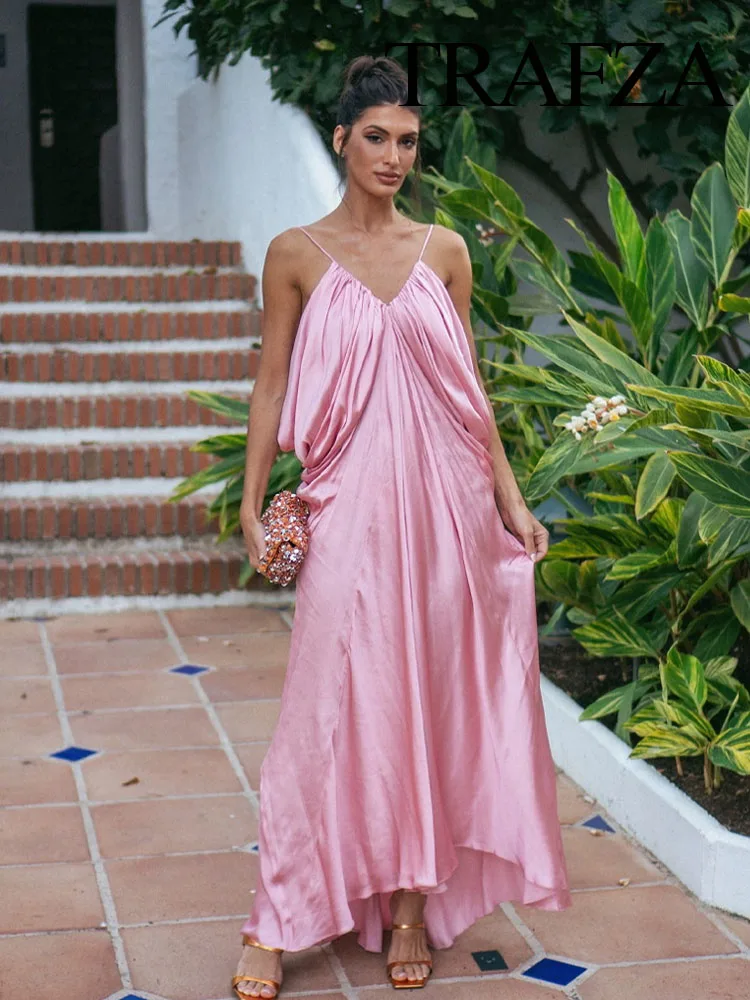 

TRAFZA Women Elegant Party Midi Dress Silhouette V-neck Pleated Design Backless High Street Dresses Woman Summer Holiday Dresses