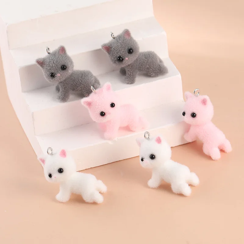 New 6PCS Kawaii 3D Fluffy Flocking Cat Animal Charms Miniature Dolls Keychain Necklace Pendant DIY Crafts Jewelry Make