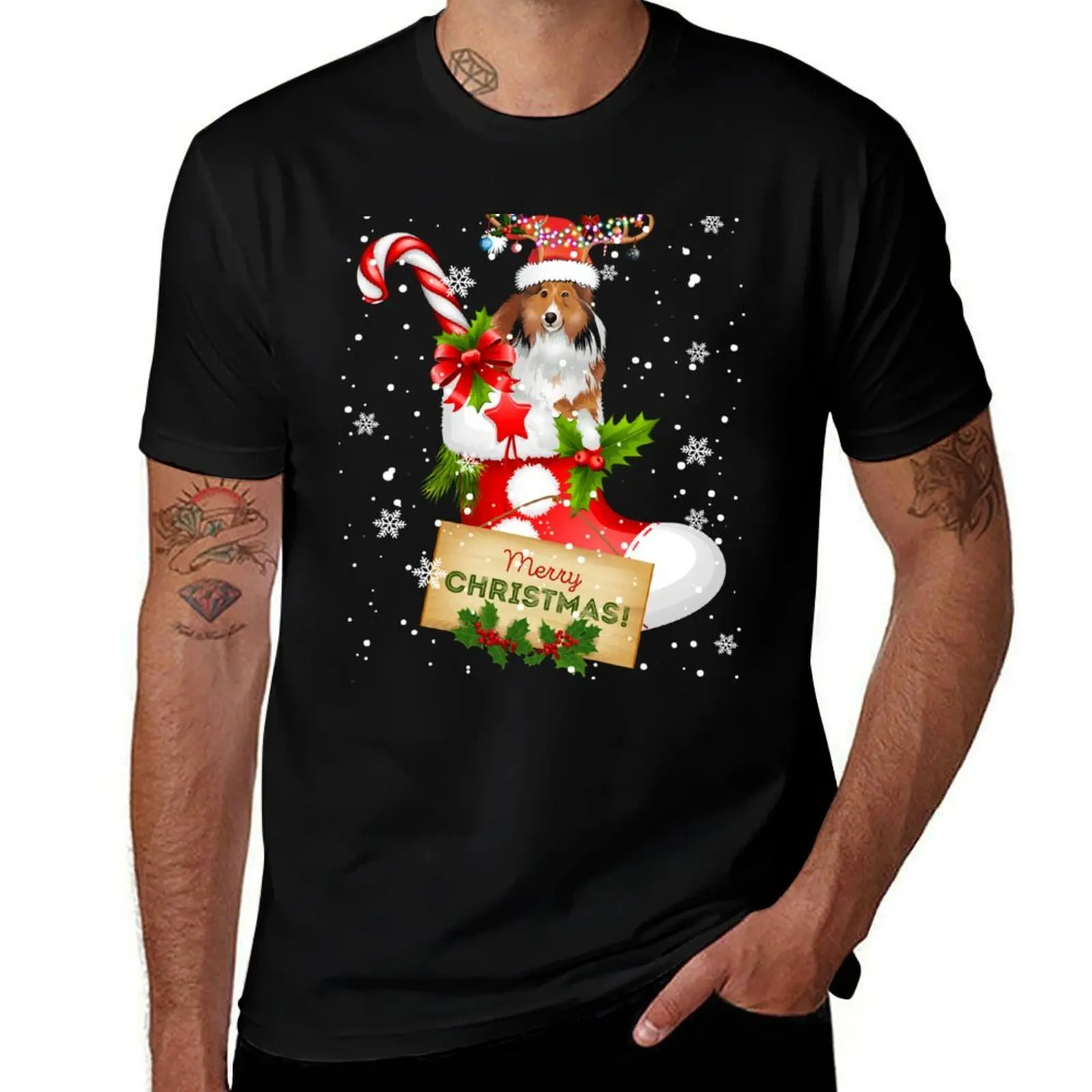 

Merry Christmas Xmas Lights Santa Reindeer Sheltie In Sock Long Sleeve T-Shirt t shirts for man cotton T-Shirt