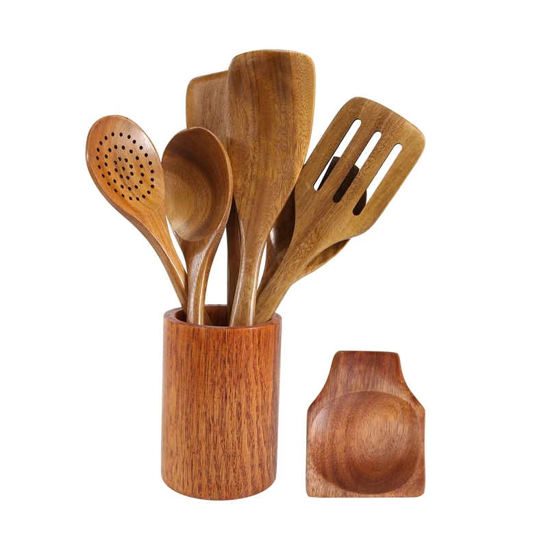 

9 PCS Wooden Spoons For Cooking, Wooden Utensils For Cooking With Utensils Holder, Teak Wooden Kitchen Utensils Set