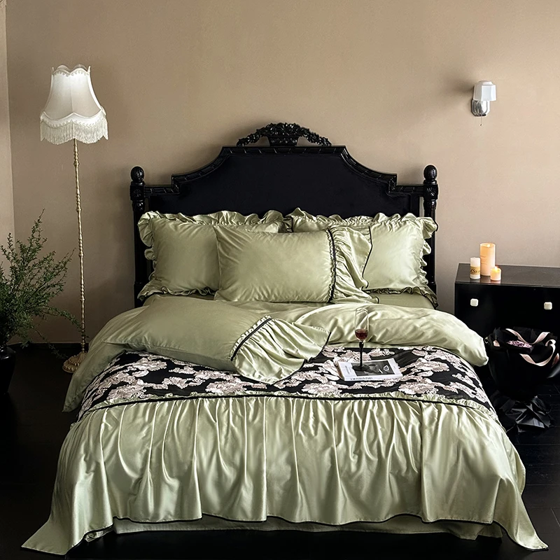 Green Cotton Printing Process Lace Design Bedding Set Duvet Cover Linen Fitted Sheet Pillowcases Home Textile