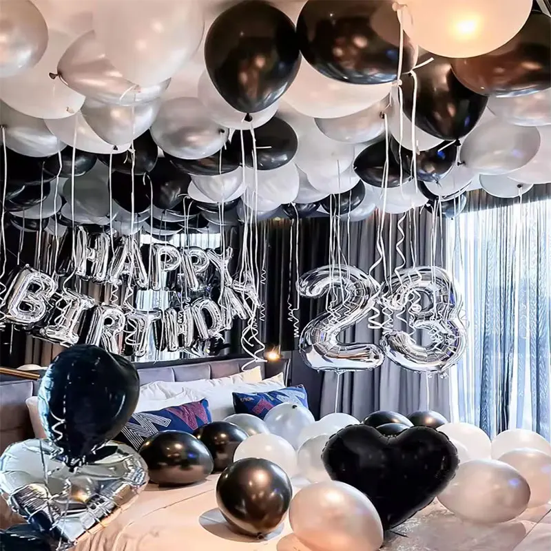 16-Zoll-Ballon-Set „Happy Birthday“ in Schwarz, Silber und Weiß, geeignet für die Dekoration von 21. Happy Birthday-Party-Szenen, Neujahrsparty