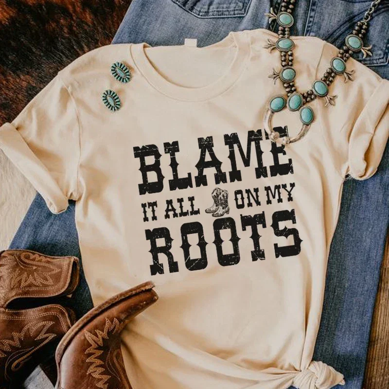 Short Sleeve Loose Funny T Shirt Blame Roots Letter Print Western Cowgirl Shirt Summer Women Graphic Tees Vintage Grunge Tops