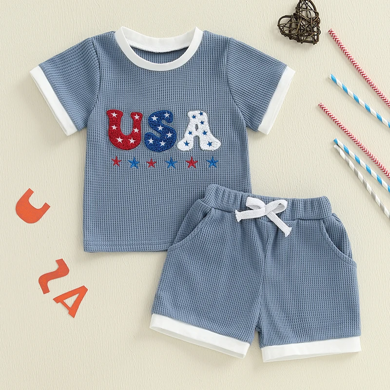 

Baby Boy 4th of July Outfit USA Letter Print Short Sleeve Waffle T-Shirt Stripe Star Shorts Set Patriotic Summer Clothes 0 to 3Y