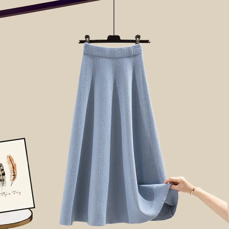 Plus Size damski wiosenny jesienny dwuczęściowy 2024 nowy luźny sweter z dzianiny z okrągłym dekoltem + zestaw pół spódniczka dwuczęściowych sukienek