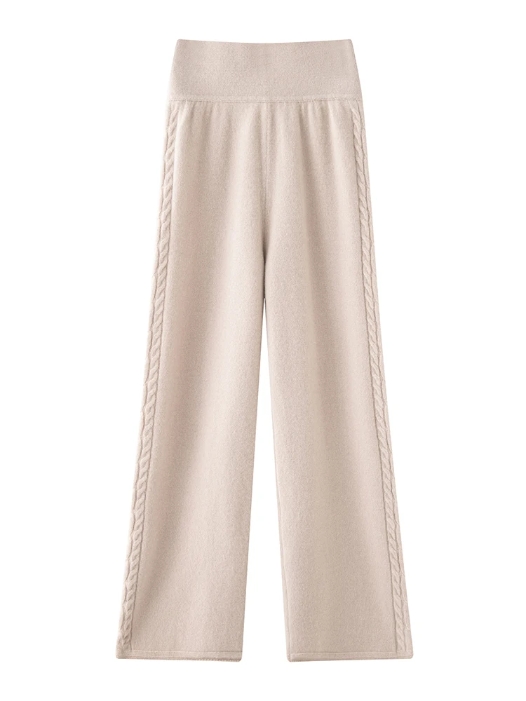 

Luxury New Chic Twist Flowers Wide Leg Pants Autumn Winter Women's 100% Cashmere Knitted Trousers Elastic Waist Grace Long Pants