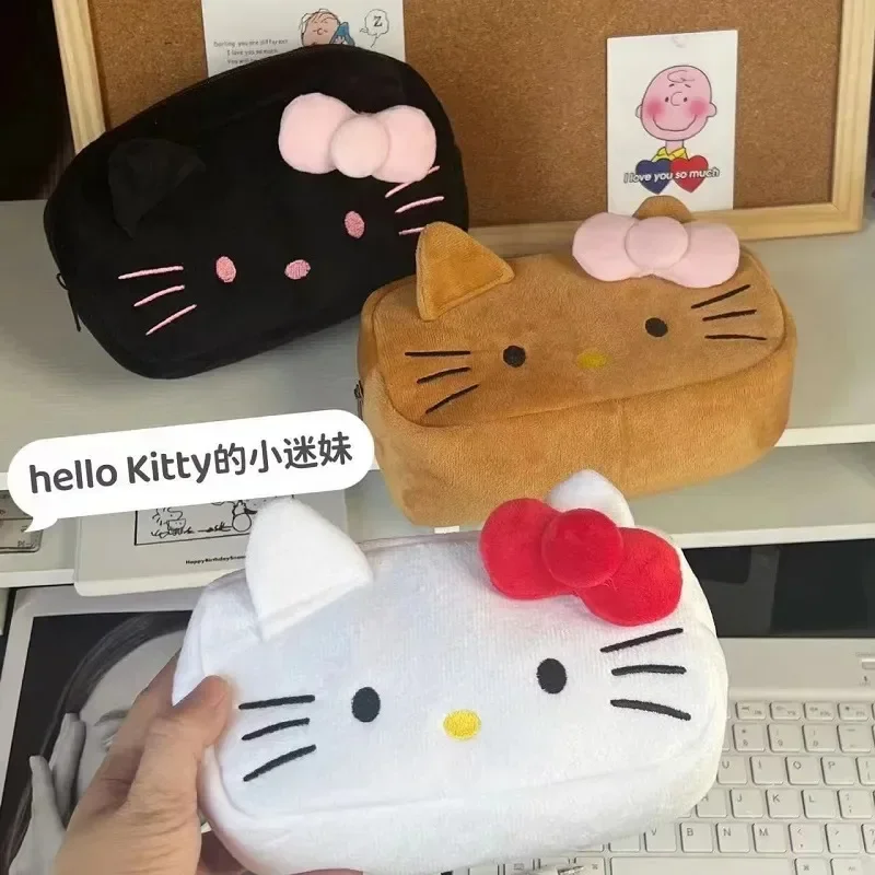 Cute Hello Kitty Plush Pencil Case Cartoon Anime Cosmetic Storage Bag Kawaii Large Capacity Girl Birthday Stationery  Gifts