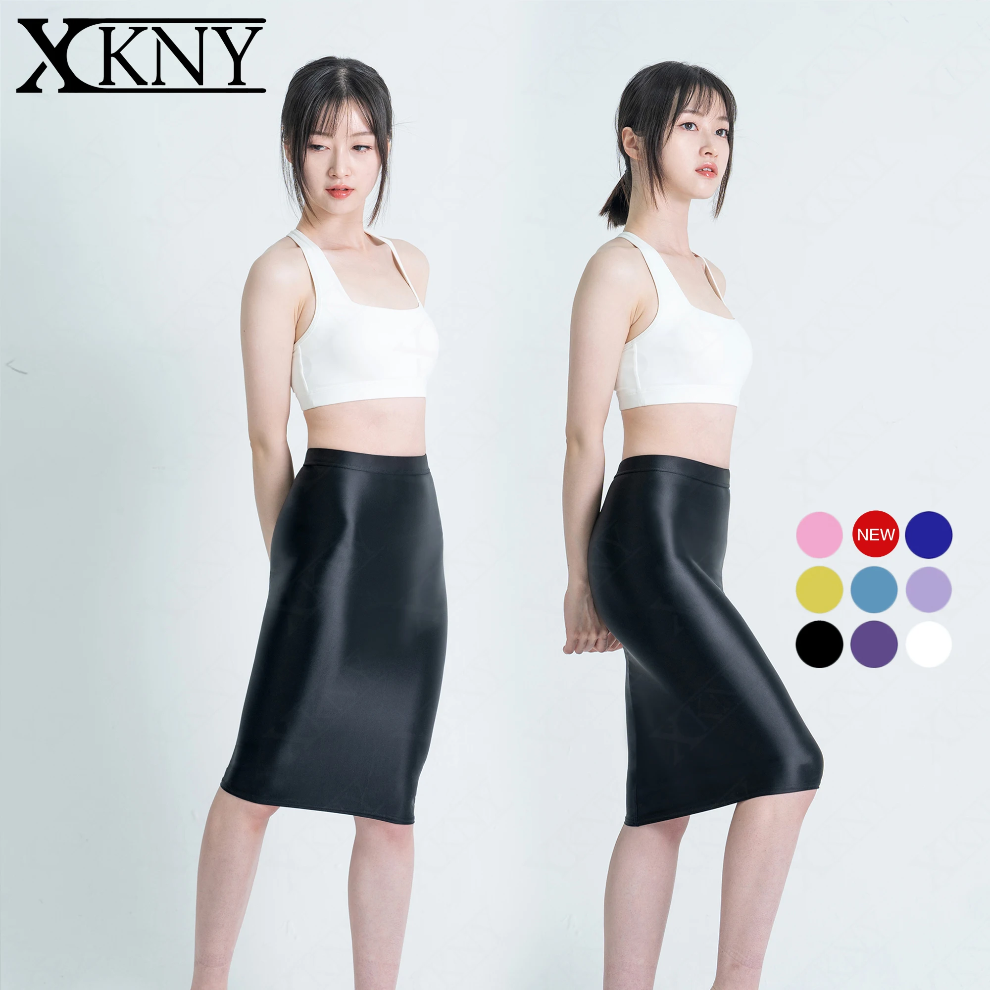 XCKNY glossiness Series Skirt Hip Wrap One Step Skirt mjinm Elastic Silk Smooth Skirt Silk Glossy Over Knee Half Body Skirt