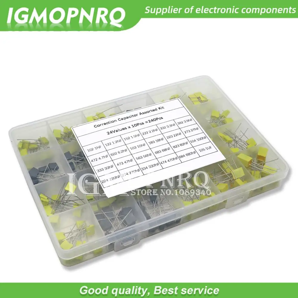 

240Pcs Correction Capacitor Assorted Kit 24Values x 10Pcs 63V-100V 102J-105J Polypropylene Safety Plastic Film Capacitors