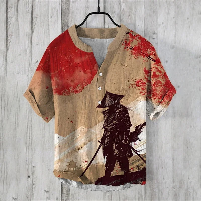 

2025 men's 100% linen short sleeve Hawaiian shirt, Japanese youth art shirt with samurai 3D printing, comfortable fabric.