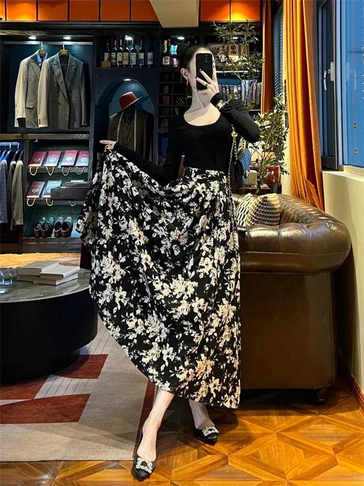صيف جديد إمرأة الشيفون متوسطة طول التنانير عالية الخصر الأسود الأزهار المطبوعة مزاجه أنيقة فلوي الكاحل طول Vestidos #1