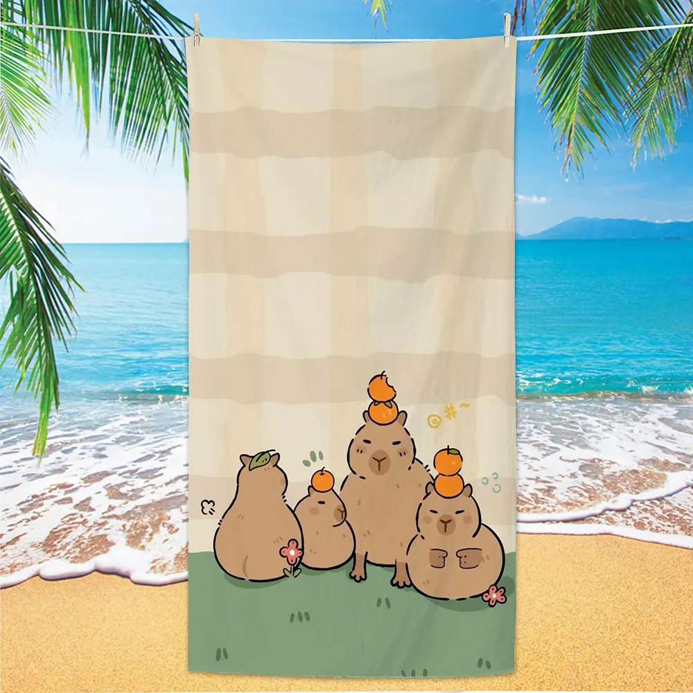 Cartoon Capybara Orange Design Beach Towel Ultra Soft Microfiber Sand Resistant Towel for Kids Adults Gym Bath