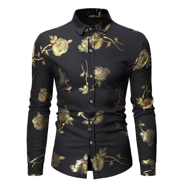 Gold Rose Floral Print Shirts Brand Floral Steampunk Chemise White Long Sleeve Shirt Wedding Party Bronzing Unisex Clothing