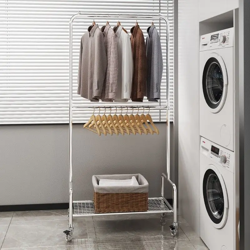 Simple Modern Clothes Rack For Bedroom Double Layer Storage Hanger With Wheels Bag Clothes Pants Shelf Wardrobe Home Furniture