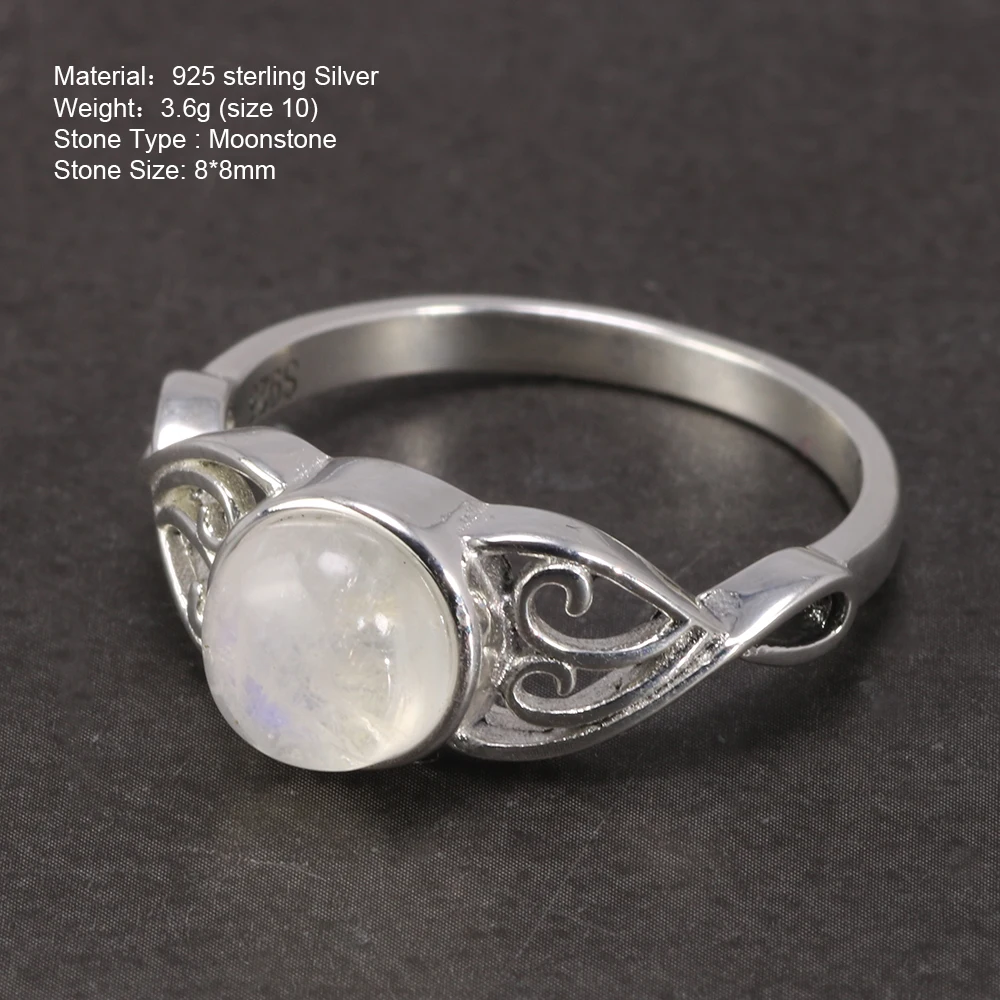 8mm natural moonstone feminino anéis real 925 prata esterlina estilo vitoriano solitaire anel