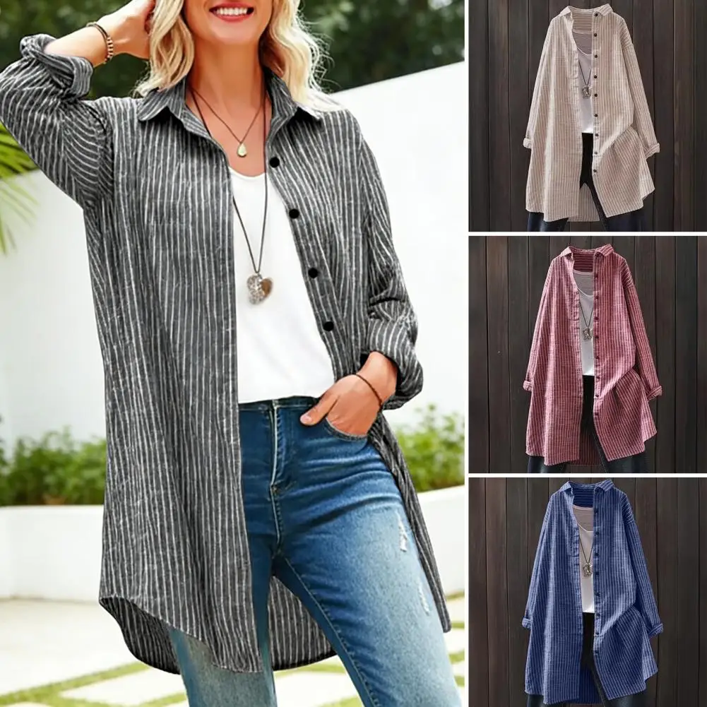 

Women Shirt Lapel Long Sleeve Loose Fit Shirt Striped Print Summer Casual Tops Vacation Daily Wear