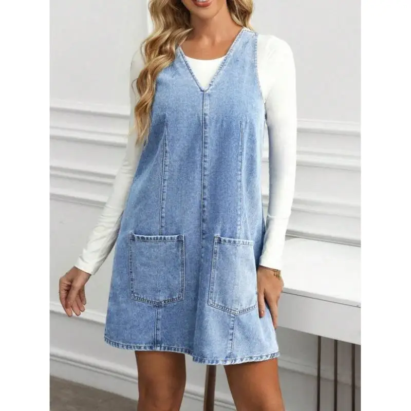 Double couche Denim col Svel Dr femmes décontracté V Ne H Sle jupe ceinturée Ci Walk 00% lin tissu t-shirt Quart...