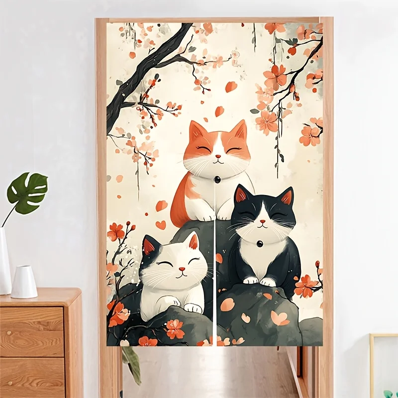 Vintage Cats Under Cherry Blossom Tree Door Curtain - Cute Retro Animal Room Divider Privacy Drape for Bedroom Living Room
