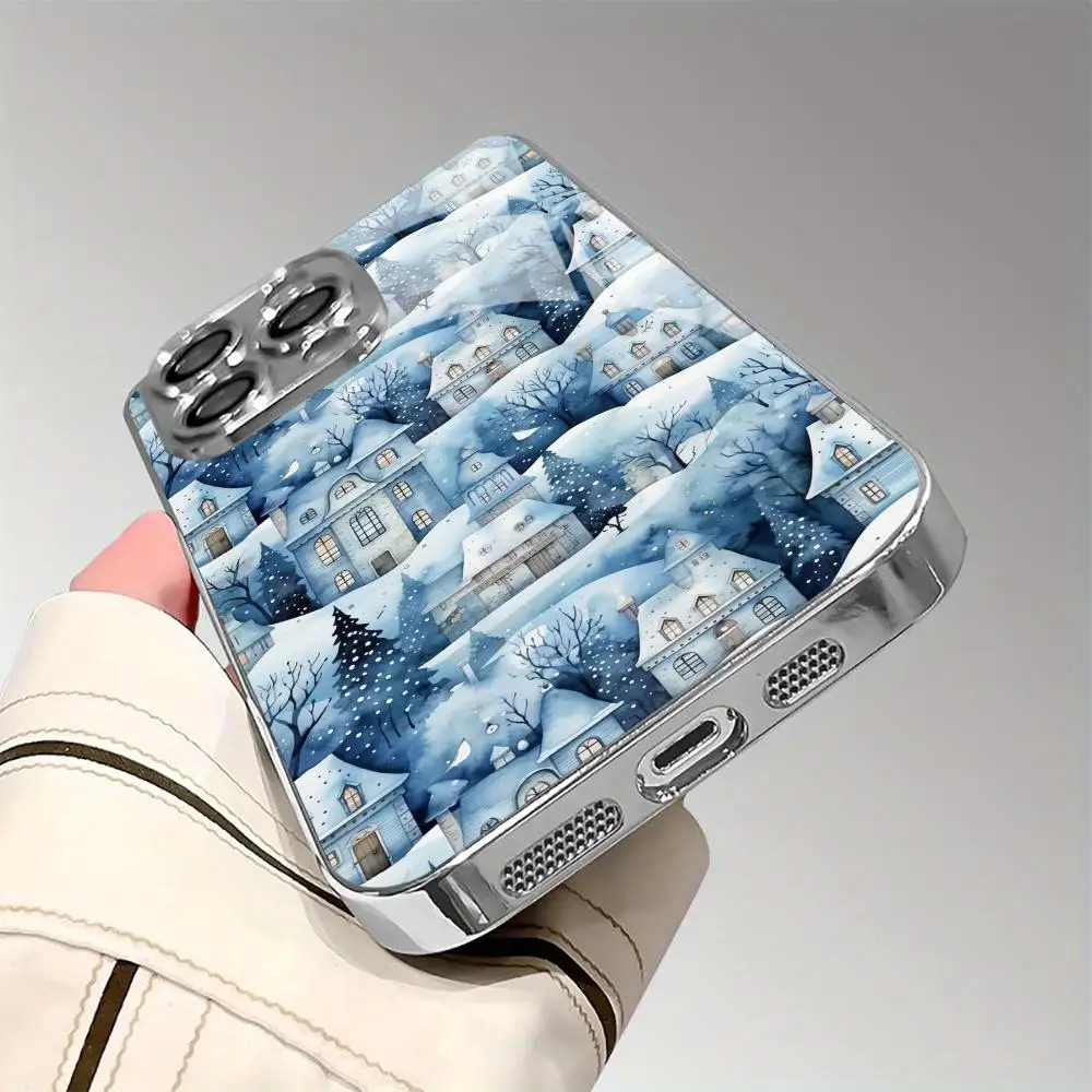 Winter Snow Scenery Village Silver Electroplated Glass Phone Case For Samsung Galaxy S25 Ultra S24 S23 S22 Plus Hard Back Cover