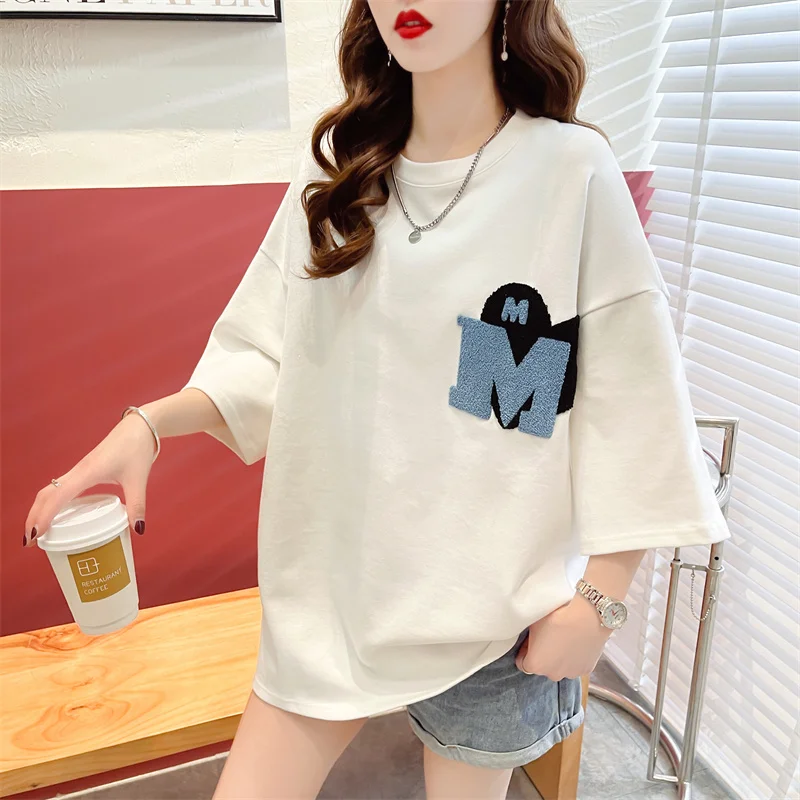 Simplicity Casual Summer Women's Round Neck Embroid Short Sleeve Loose Fashion Korean Version Versatile Mid Length T-shirt Tops