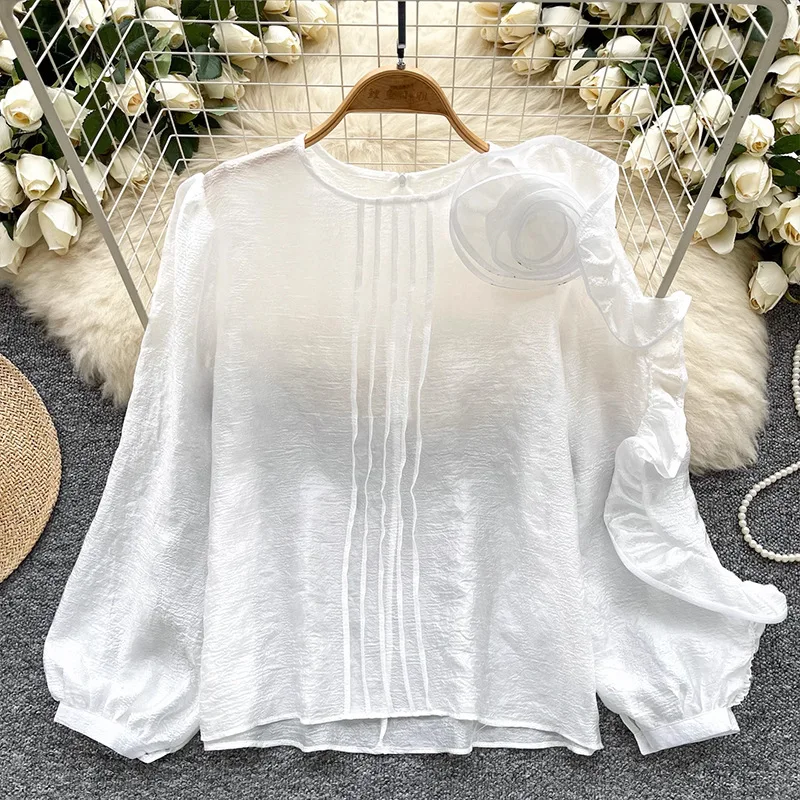 

French Style Elegant Heavy Craft Three-Dimensional Flower Lantern Sleeve Shirt For Women Loose Slimming Casual Pleated Unique